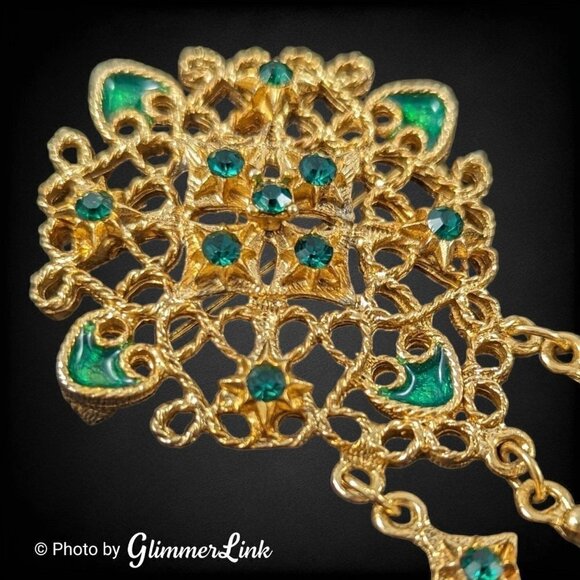 VTG Green Rhinestones & Enamel Filigree Dangles Victorian Style Gold Tone Brooch - Picture 2 of 8